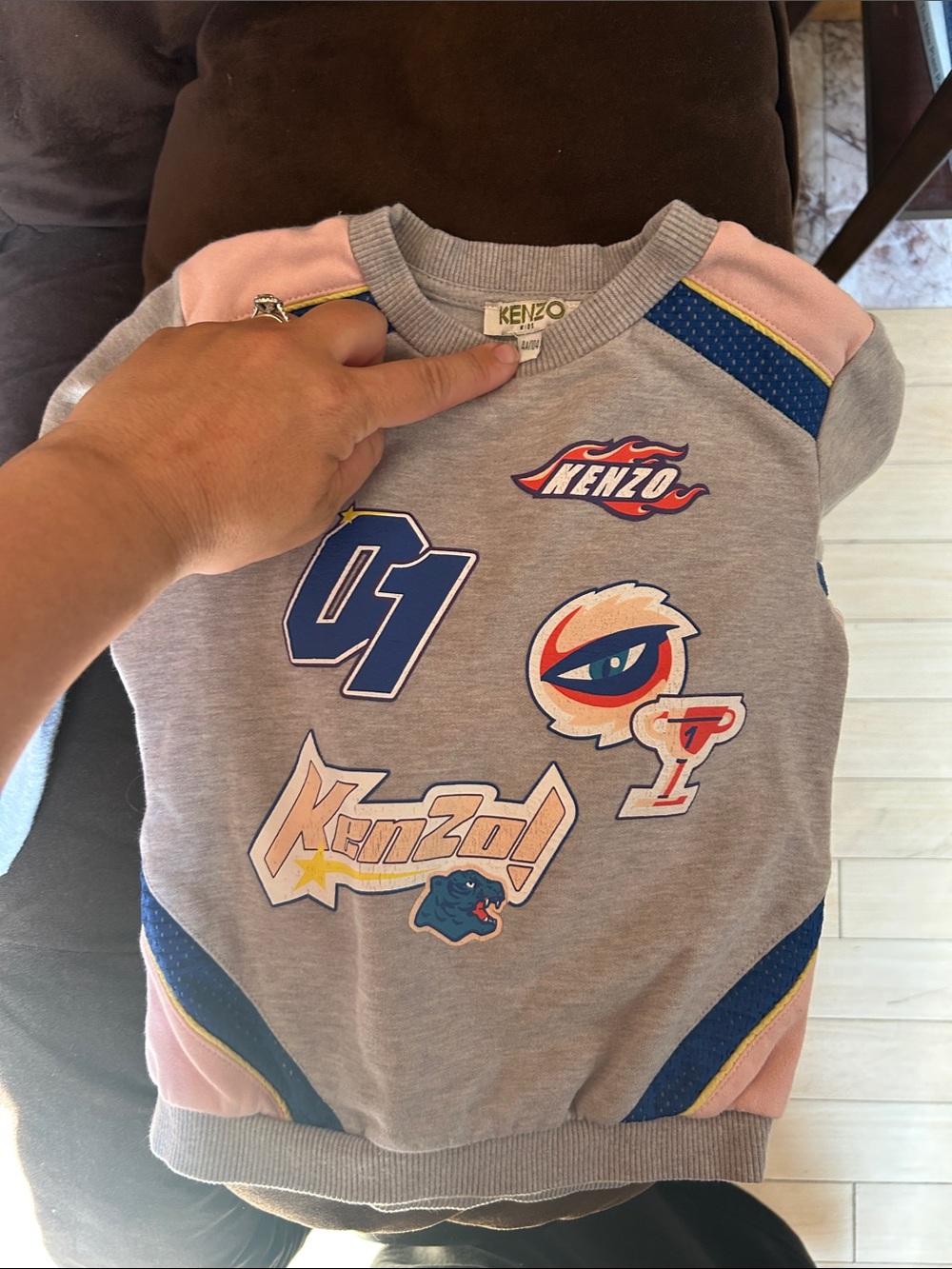 Kenzo Grey Sweatshirt with Pink and Blue Patch Details